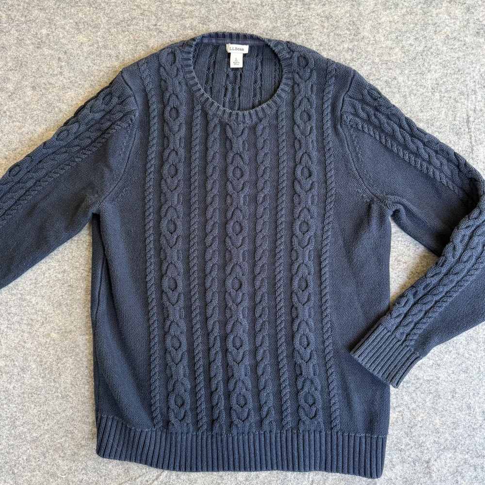 L L Bean Sweater Women's Large‎ Blue Cable Knit Fisherman's Sweater Crewneck